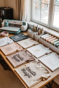 bureau atelier de création avec des t-shirt personnalisés, une cricut et des ustentils