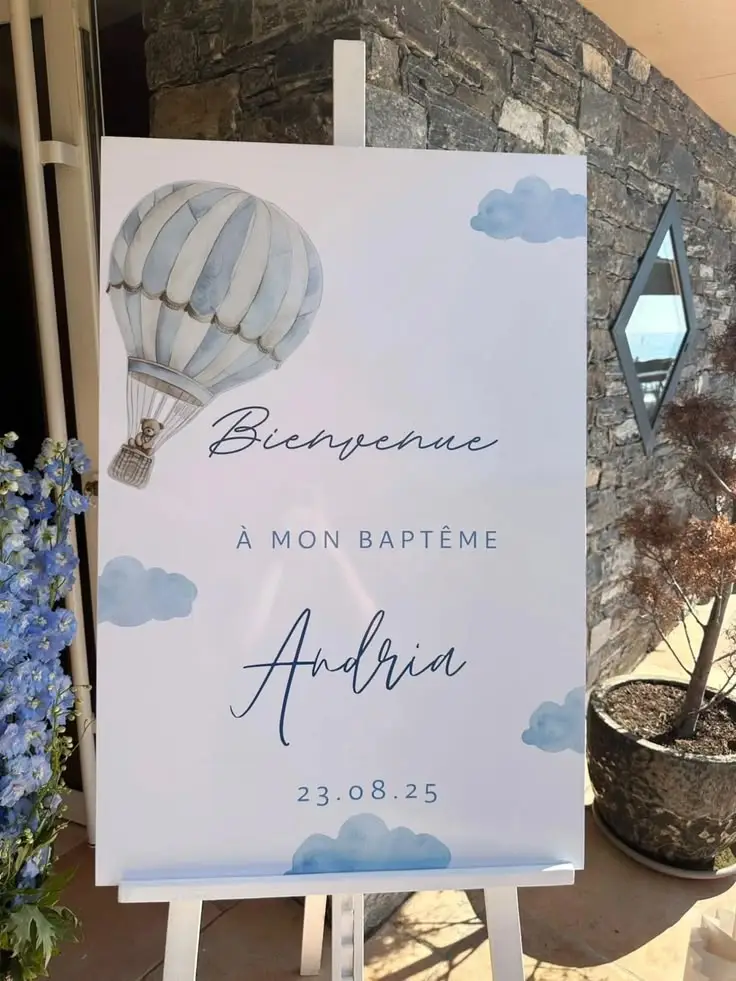 panneau bienvenue baptême bleu avec montgolfier