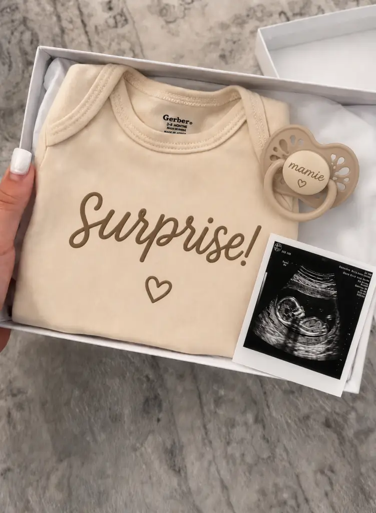 coffret cadeau pour annoncer une grossesse avec body personnalisé tétine personnalisée et échographie