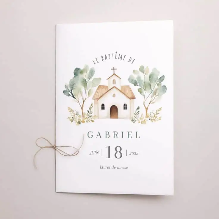 livret de baptême double volet avec une corde et une petite église entre des arbres