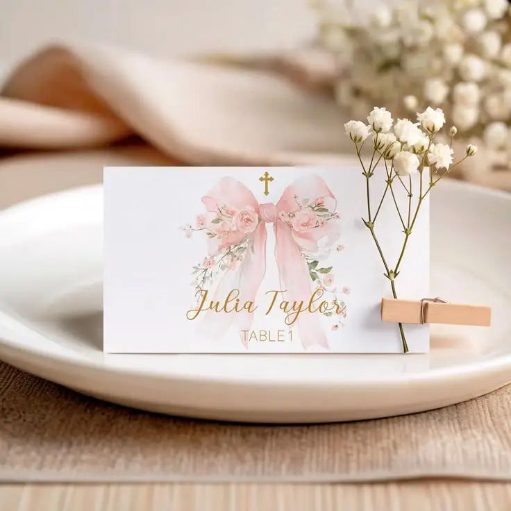 Marque-place baptême communion avec fleurs séchées et pinces en bois