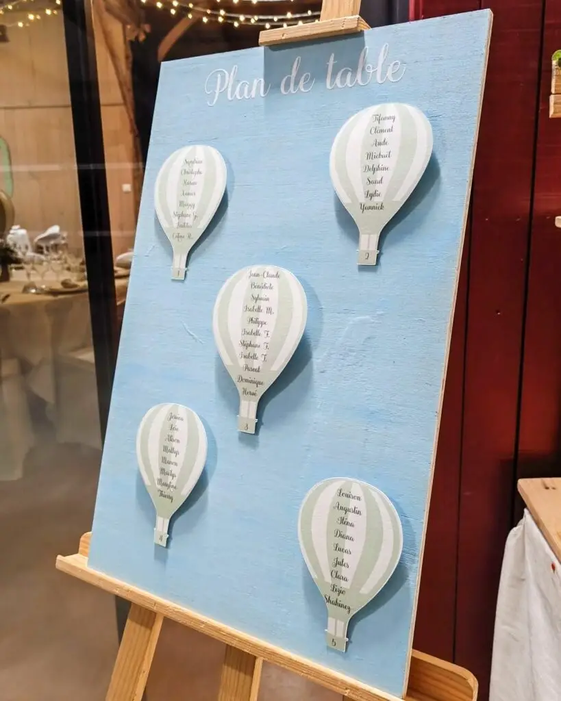plan de table baptême avec des montgolfières