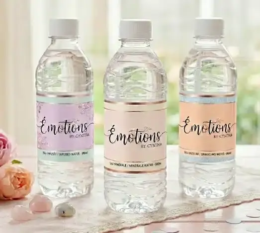 étiquettes personnalisées sur des petites bouteilles en plastiques