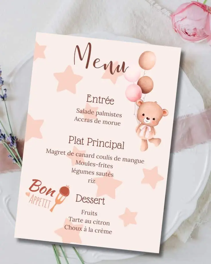menu de baptême ourson fille avec ours et ballon