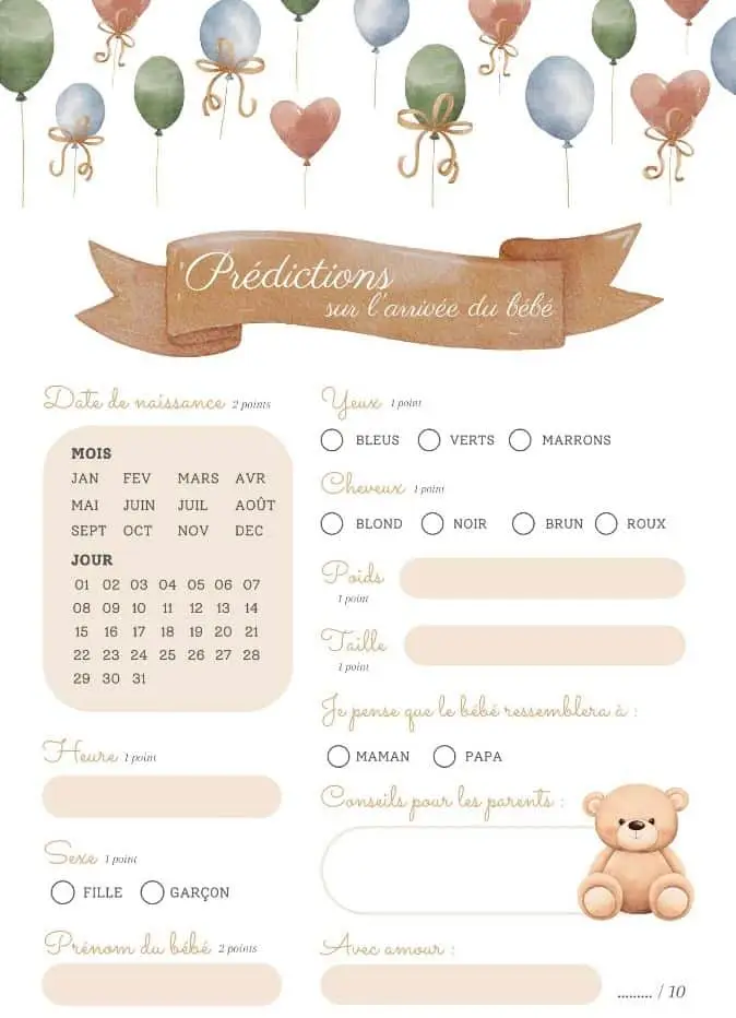 image de livret de prédiction avec des ballon un calendrier, des cases à cocher, un nounours