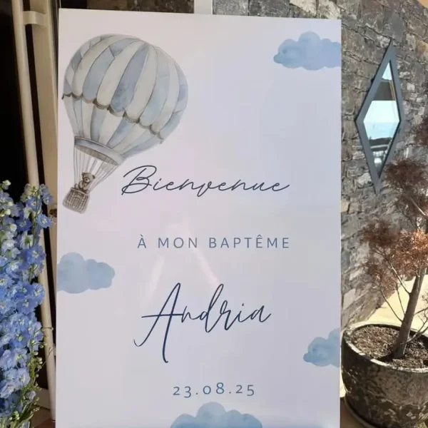 panneau bienvenue baptême bleu avec montgolfier