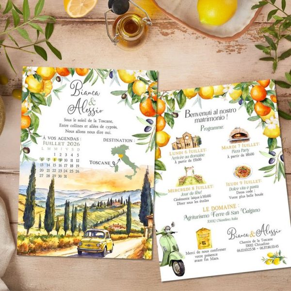 Faire-part Mariage Toscane Citrons Vespa Italie _ Invitation Dolce Vita Italien