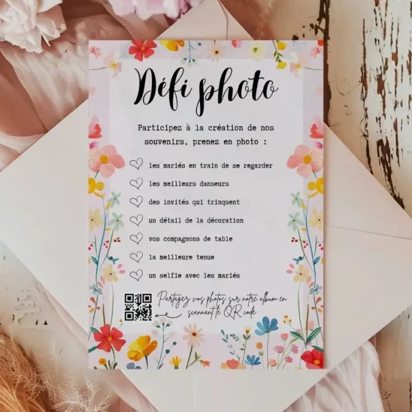 Jeu défi photo, animation de mariage avec fleurs colorés écriture noire et fond avec rose rose